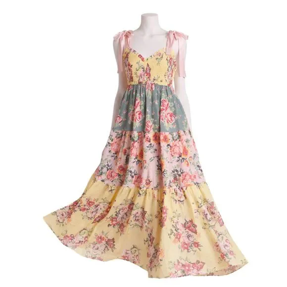 Floral Boho Maxi Dress Tiered Tie Shoulder est. Med Free People "Bluebell"-Insp - Picture 1 of 9